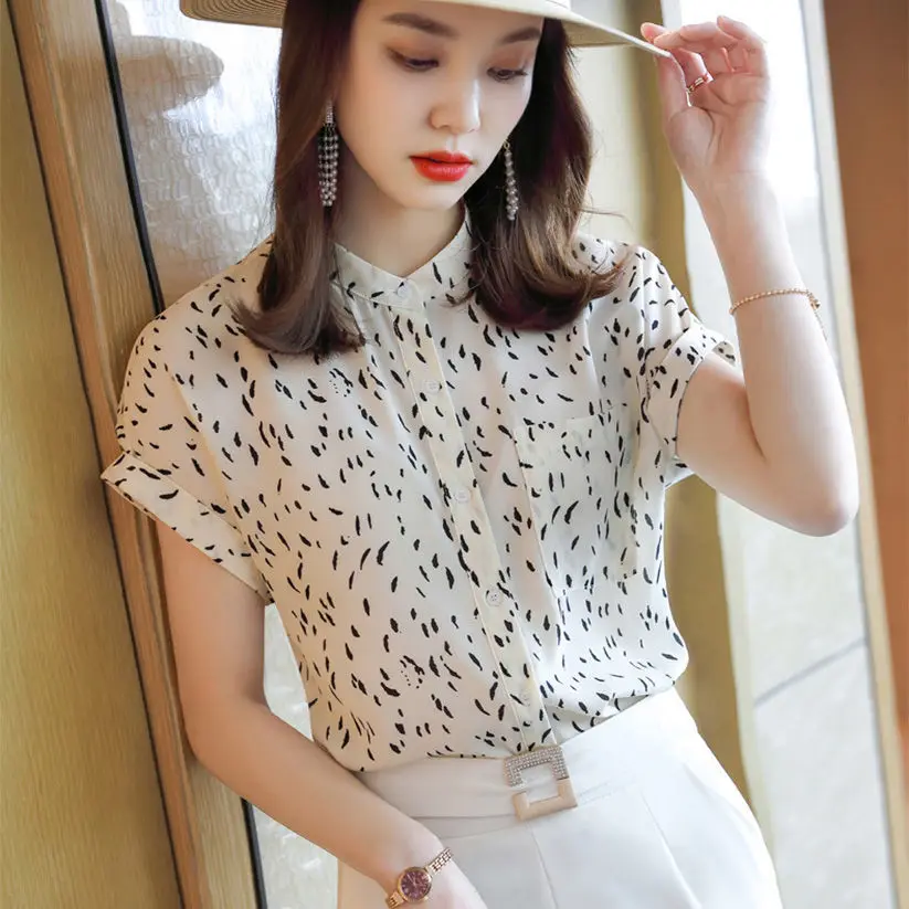 Chiffon short-sleeved shirt women's summer thin loose top 2022 new small stand-up collar floral shirt  korean   Tees  Short