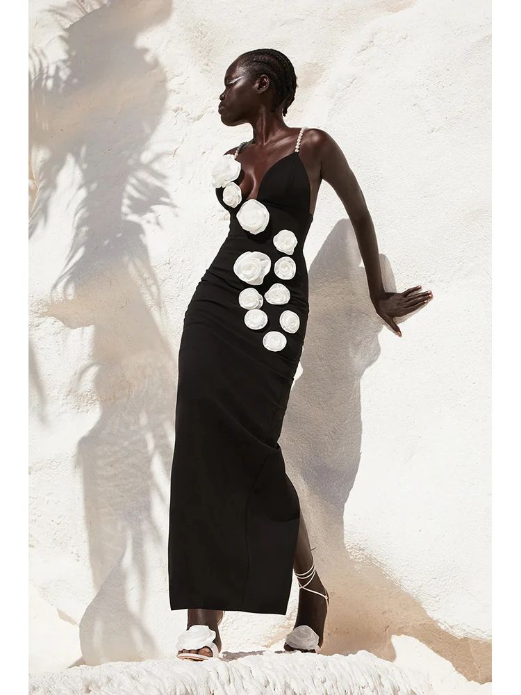 

Женское вечернее платье-макси на бретельках, черное облегающее платье без рукавов с цветочным принтом, украшенное бусинами и объемными цветами, элегантное Клубное платье