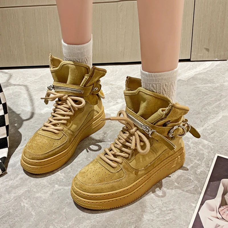 

Женские высокие кроссовки, Вулканизированная толстая подошва, ремешок с пряжкой, дизайнерская обувь, коричневые, Осень-зима