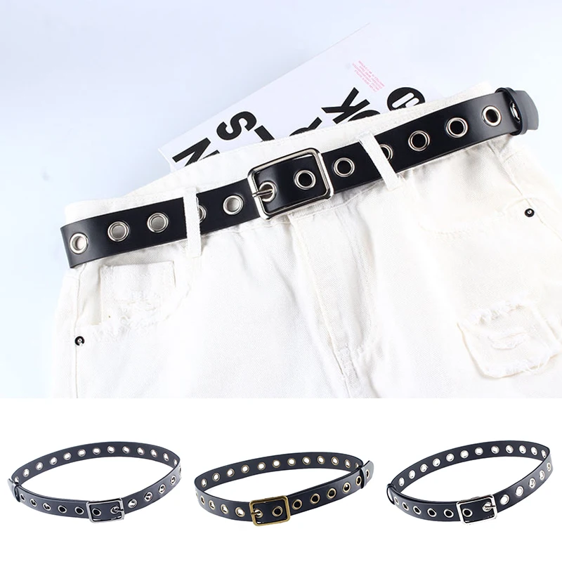 

1pcs Women Belt With Hole Black Pin Buckle Waist Belt Pu Leather Punk Waistbands For Ladies Jeans Skirt Trousers Decorative