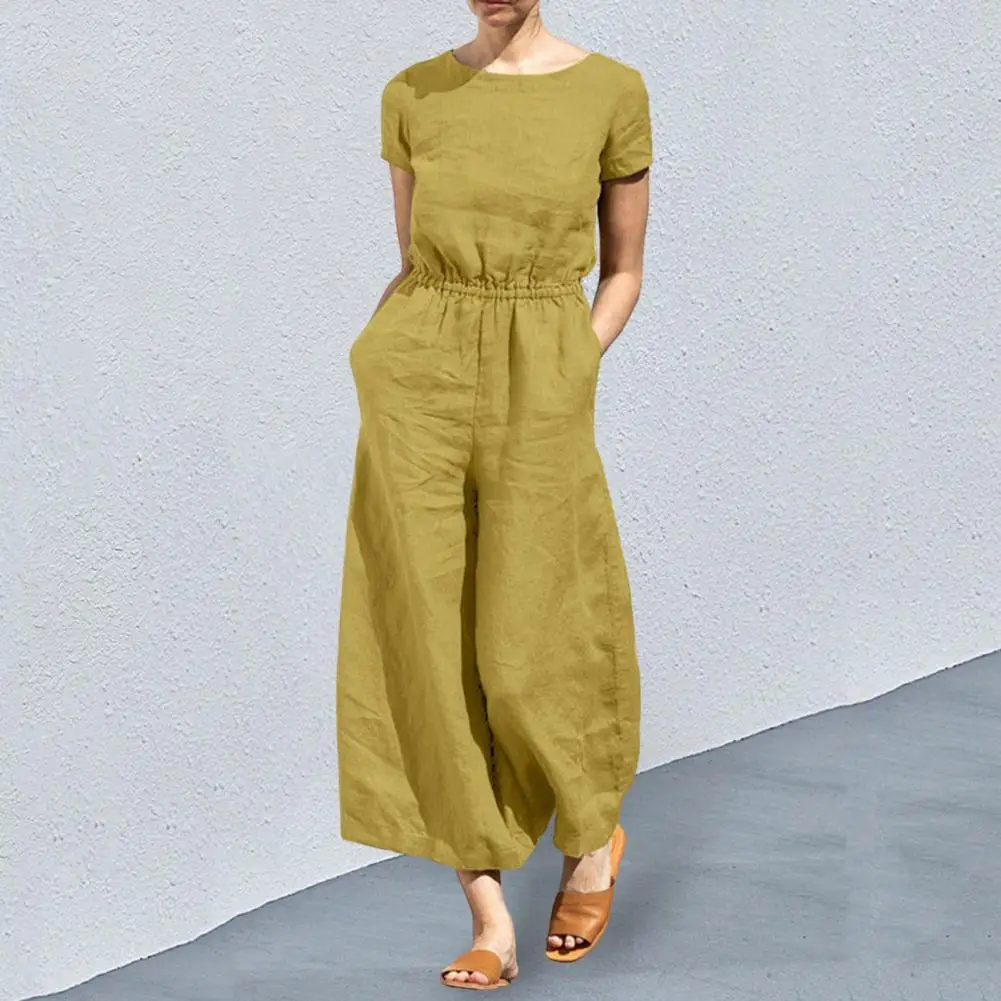 

Women Jumpsuit Short Sleeves Solid Color Cotton Linen Summer Loose Wide Leg Lady Romper Clothes Dress-up Clothing
