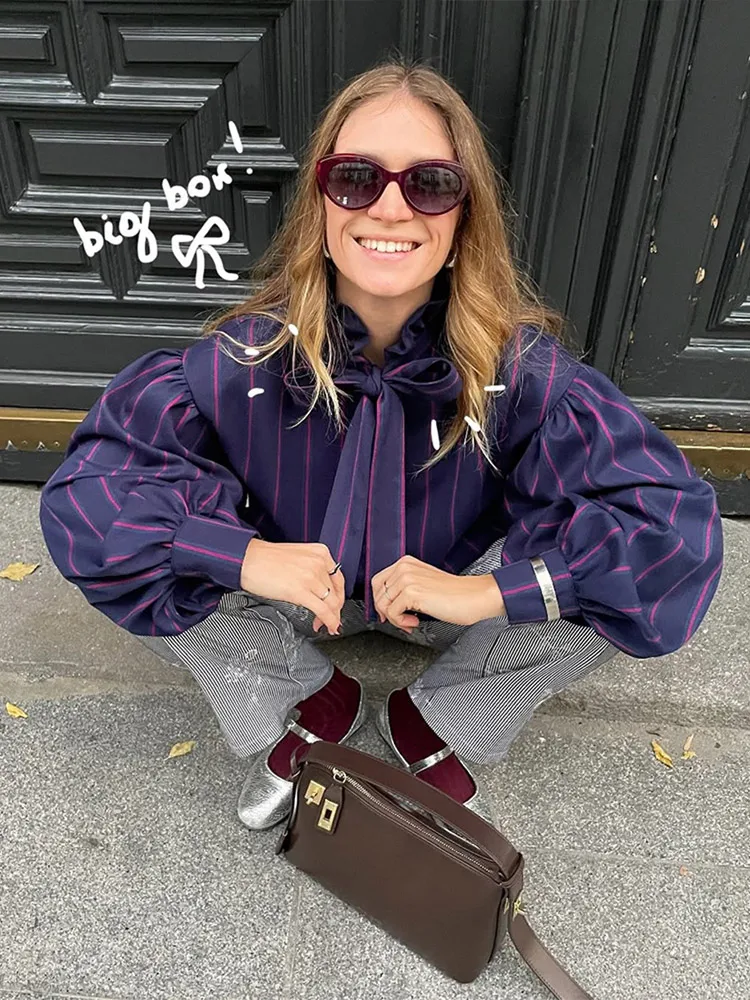 Повседневная полосатая женская рубашка с круглым воротником и длинными рукавами