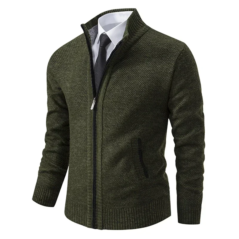 2024 Autumn and Winter New Men's Casual Sports Coat Solid Color Stand Collar Wweater Grab Fleece Warm Zipper Sweaters Cardigan