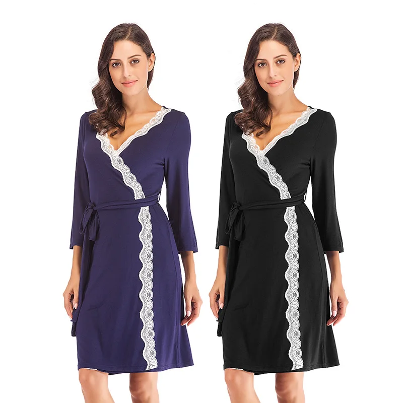 2022 Spring and Summer New Women's Loose Home Wear Three-quarter Sleeve Lace Stitching Nightgown Bath Robe