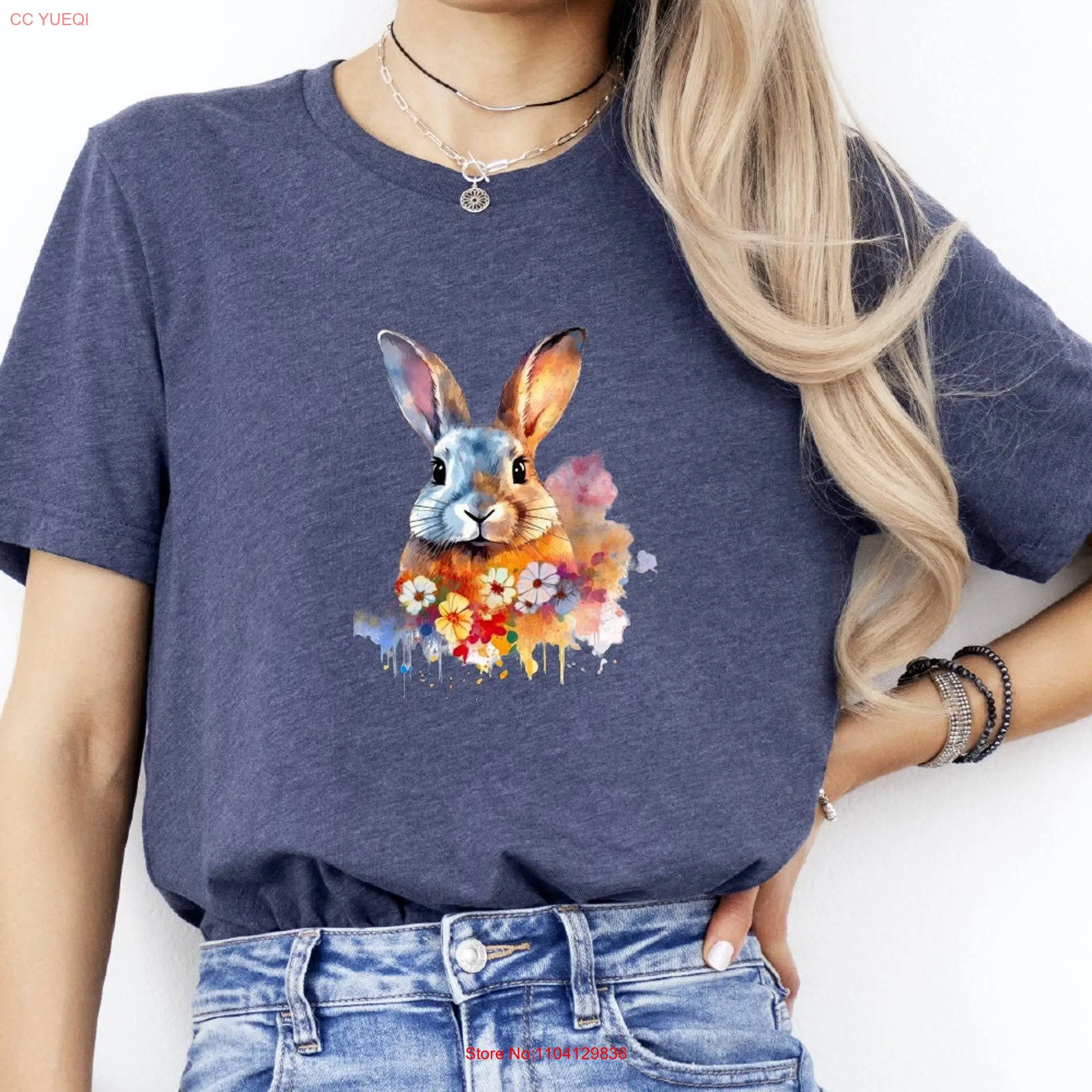 Футболка с цветочным рисунком кролика длинными или короткими рукавами