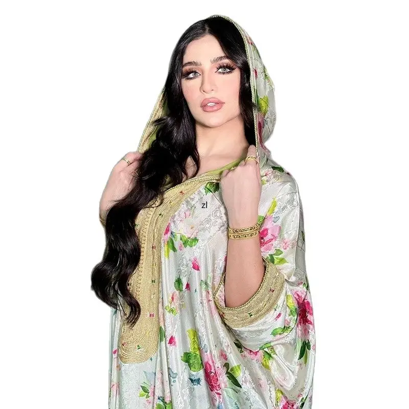 Floral Print Boho Boubou Muslim Fashion Abayas For Women Pakistani Hooded Dress Kimono Djellaba Femme Marocaine Party Robe