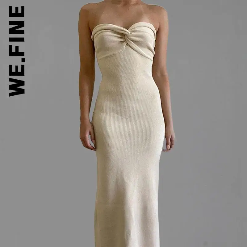 

We.Fine Dress New Women Simple Party Dresses New Knitted Strapless Backless Dresses Vintage All-Match Female Dresses Woman
