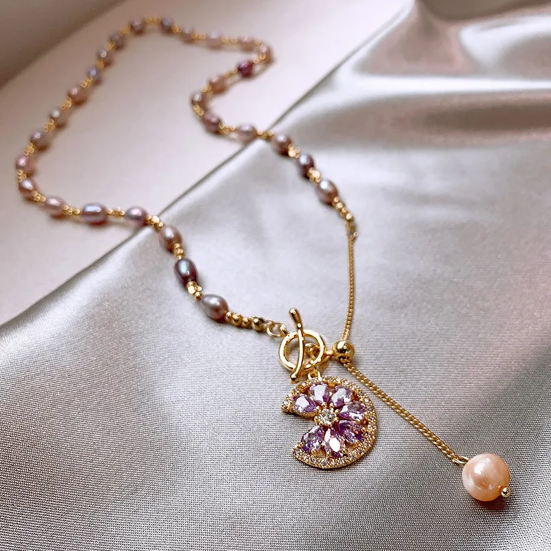 

Minar Elegant Colorful Freshwater Pearl Chokers Necklace for Women Sparkly CZ Cubic Zirconia Flower Pendant Necklaces Jewelry