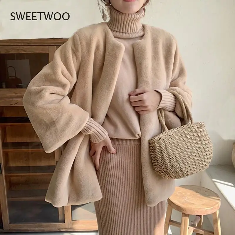Winter Office Ladies Faux Fur Overcoat Solid Color Minimalist Simple Korean Style Loose Fur Coats Women Warm Outwear Fleece 2022