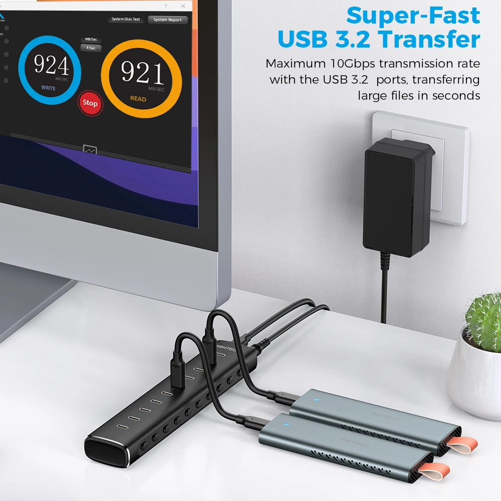 Фото RSHTECH 10-портовый USB 3.2 хаб Type-C с портами для передачи данных 10 Гбит/с и адаптером питания 12В/5А, алюминиевый USB-удлинитель для настольных ПК и ноутбуков №4