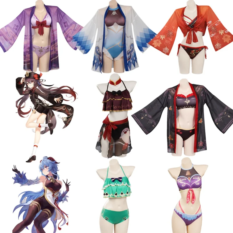 

Genshin Impact Swimsuit Cosplay Costume Women Bikini Top Shorts Cloak Outfits Halloween Carnival Suits