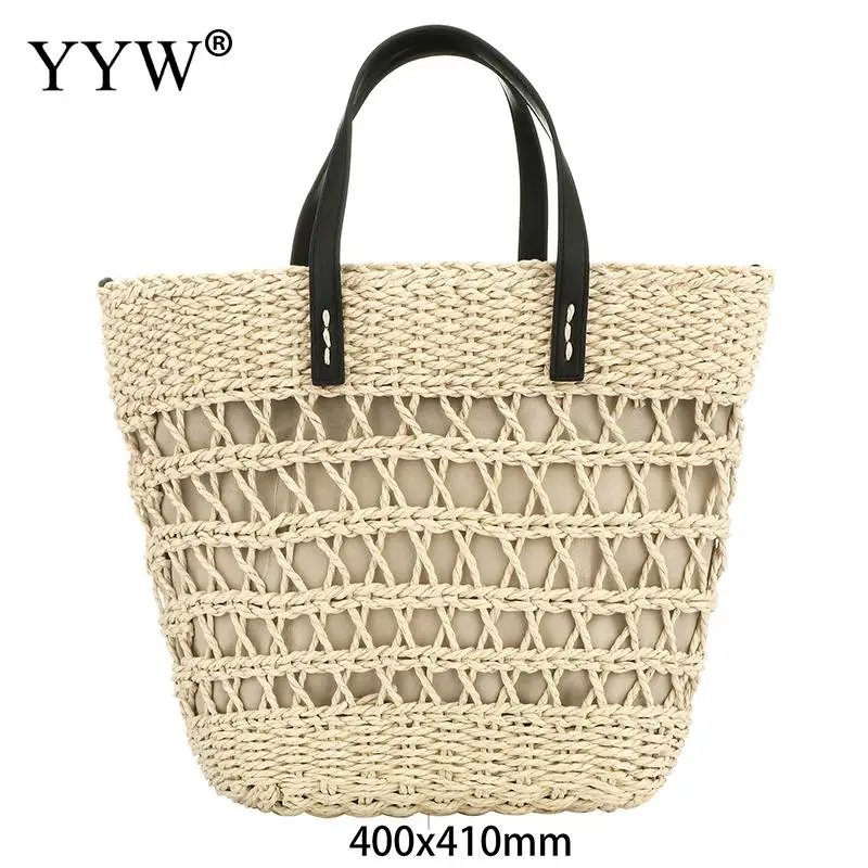 Handmade Straw Woven Tote Bag Summer Beach Women Hollow Soft Shoulder Storage Package Zipper Ladies Crossbody Messenger Purse