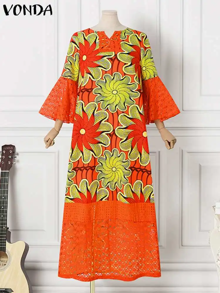 VONDA Plus Size Women 2023 Summer Dress Sexy Printed Lace Crochet Party Maxi Sundess Loose Casual Flare Sleeve Robe Femme