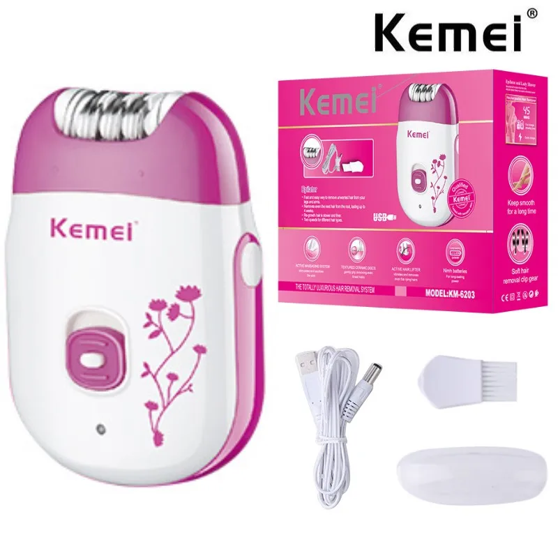

kemei KM-6203 powerful electric epilator for women facial body hair removal machine for bikini underarms legs rechargeable