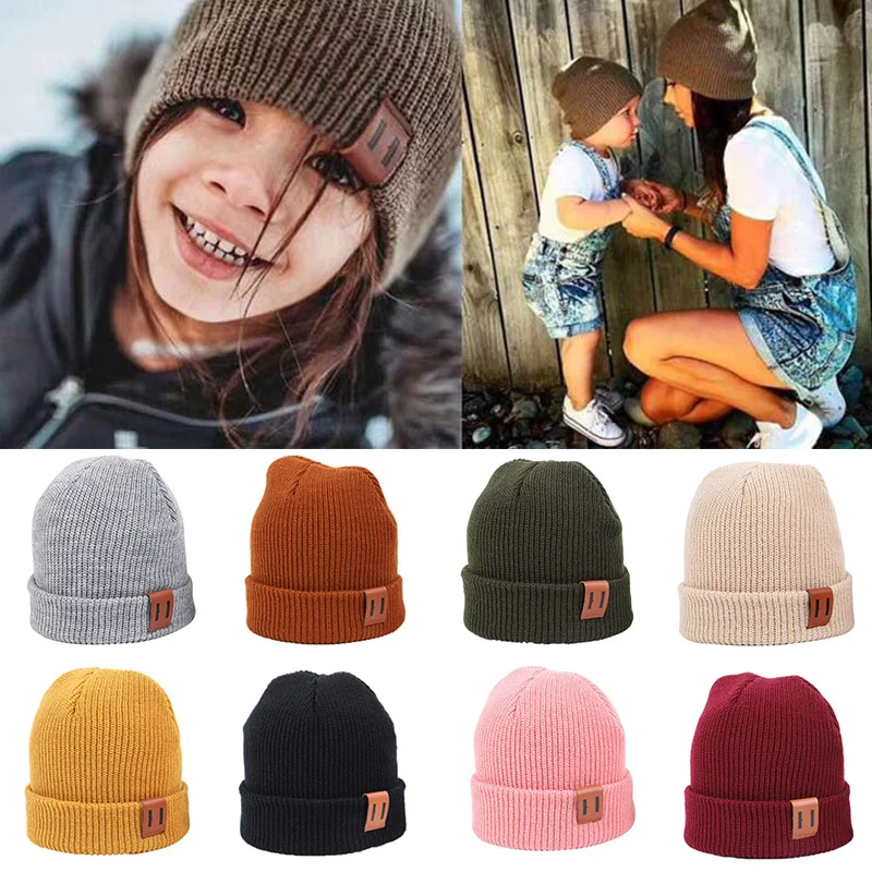 

Parent-Child Knitted Hats Autumn Winter Warm Solid Color Beanie With Leather Label Casual Fashion Hats For Boy Girls Headwear
