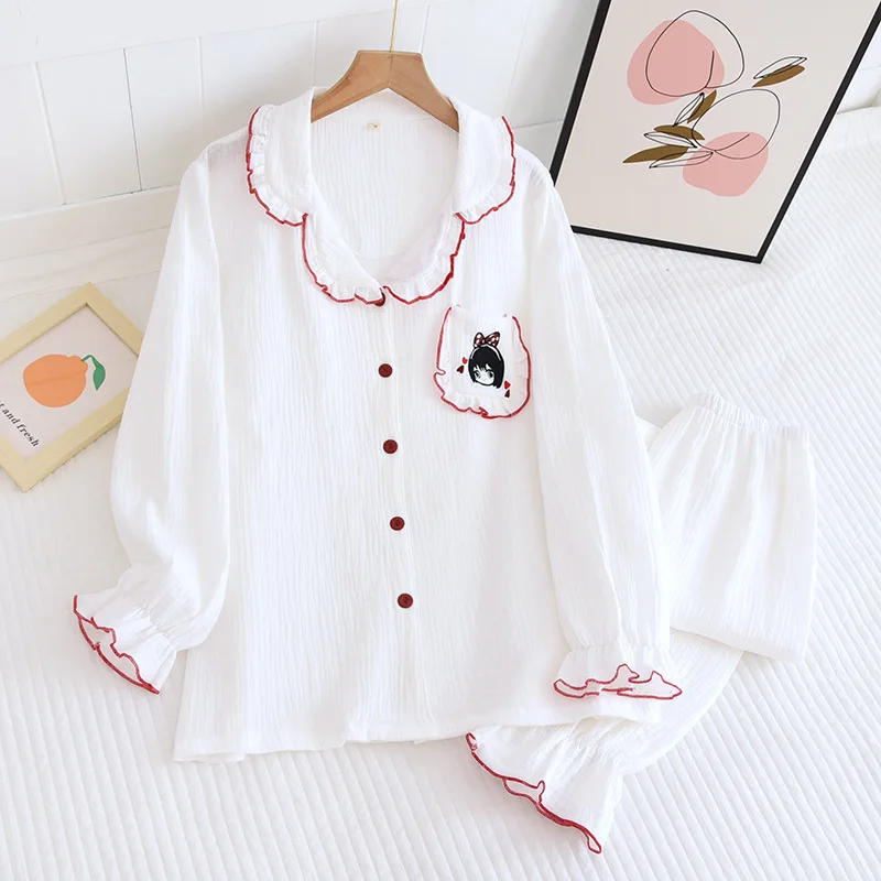 Spring Girls Pajamas Set Women Fungus Lapel Cotton Crepe Nightwear Pocket Lace Cute Thin Long-sleeved Pants Home Clothes Pijama