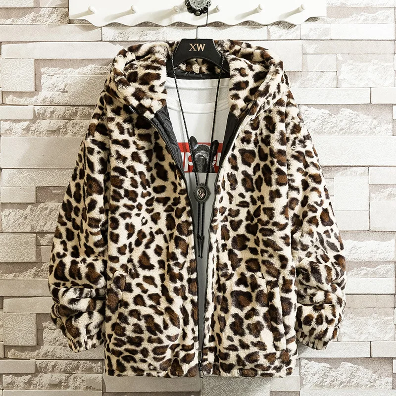 2022 winter leopard print couple fleece jacket male Korean thickened loose student hooded cotton jacket male jacket