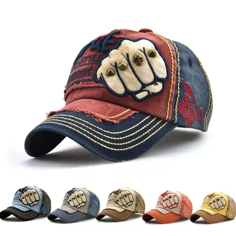 

New Fashion Embroidery Skull Rivet Baseball Cap Cotton Fist Pattern Unisex Casual Hat Hip Hop Vintage Fitted Trucker Men Cap