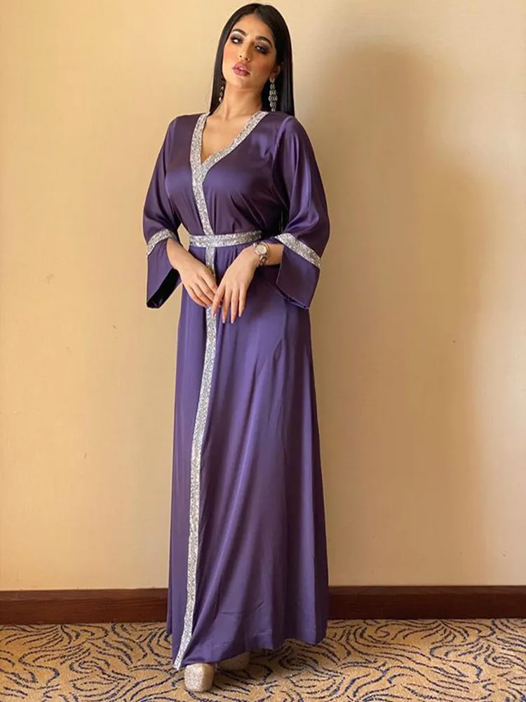 Satin Maxi Dress For Women Turkey Arabic Diamond V Neck Long Sleeve Jalabiya Muslim Islamic Ethnic Dubai Abaya Party Robe New