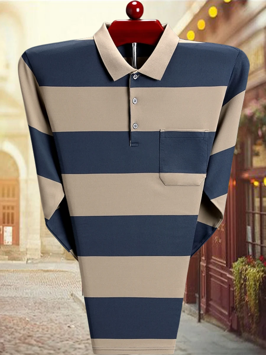 Woodpecker Spring and Autumn Men's Lapel Stripe Long sleeves Shirt Daddy Clothes Real Pocket Mercerized Cotton Base Polo |