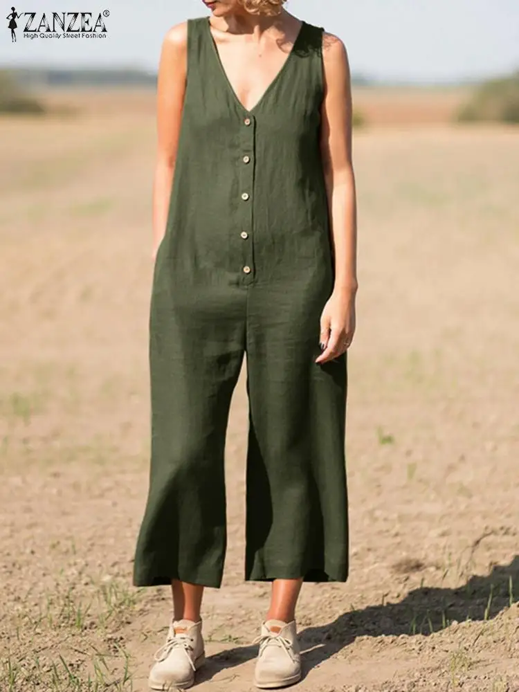 

Комбинезон ZANZEA женский оверсайз с V-образным вырезом, винтажный однотонный Модный повседневный свободный Ромпер в офисном стиле, лето 2022