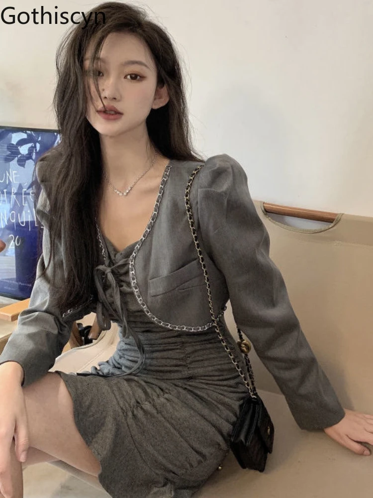 

Gothiscyn Sling Dress Cardigan Gray Blazer Ladies Niche Ruffle Drawstring Pleated Hip Skirt Skinny Sexy Autumn V-neck Slim Skirt