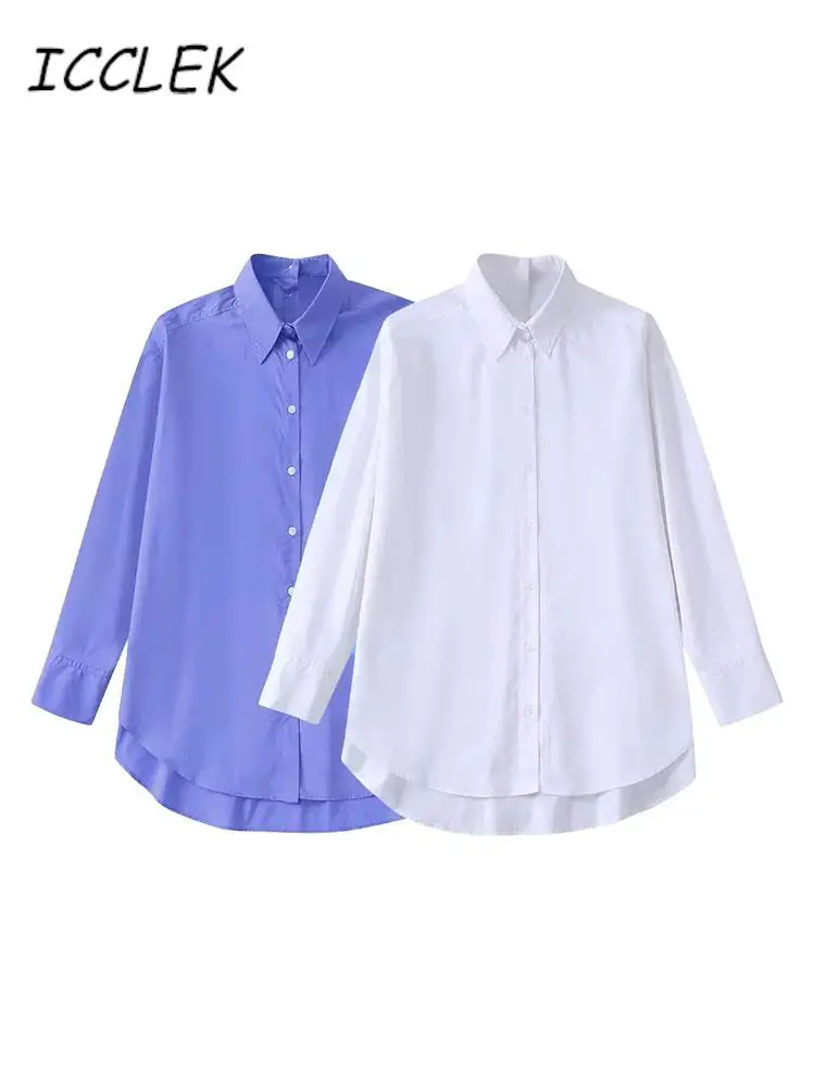 

Icclek Women's Shirts Oversize BF Shirts Solid Casual Blusas Mujer Female Blouses Loose Blue Jacket Traf Boyfriend Style Blouses
