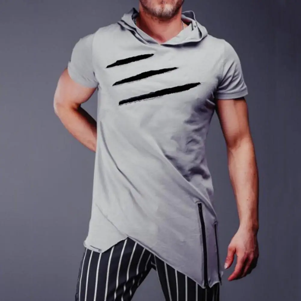 

3 Lines Print Hooded Men T-shirt Summer Loose Irregular Hoodie Top TrendyShort Sleeve Loose Long T-shirt For Daily Wear