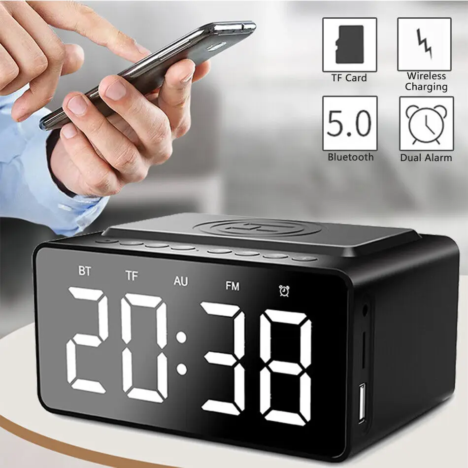 

Quiet Wireless Bluetooth Speaker LED Mirror Digital Alarm Clock Radio FM Large Display Battery Bedroom Living Room Office