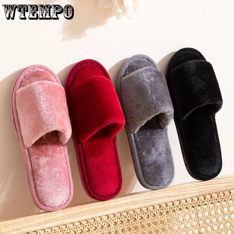 WTEMPO Winter Slippers Women Fashion Fluffy Home Slides Indoor Floor Ladies Solid Colour Plush Warm Cotton Shoes Wholesale