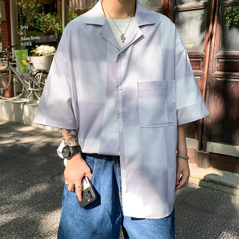 Summer 3 Color Plaid Shirt Men's Fashion Casual Ice Silk Shirt Mens Streetwear Loose Short Sleeve Shirt Men Hawaiian Shirt M-3XL