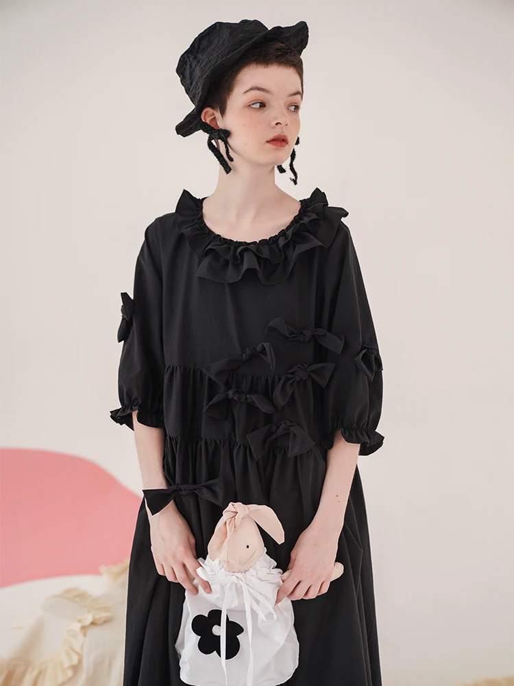 

Оригинальное кружевное платье Imakoni с бантом и рукавами-пузырьками, Длинная летняя Свободная юбка с широкой юбкой, 202900