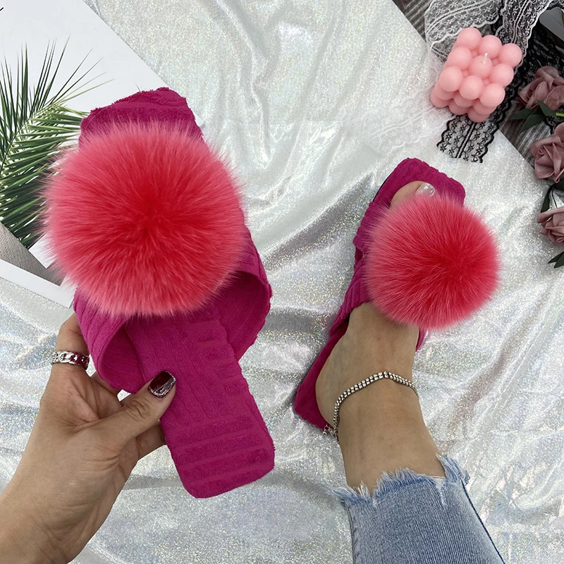 Summer Slides Women Cotton Fabric Real Fur Slippers Ladies Flats Fur Sandals 2022 Luxury Fluffy Flip Flops House Slippers Shoes