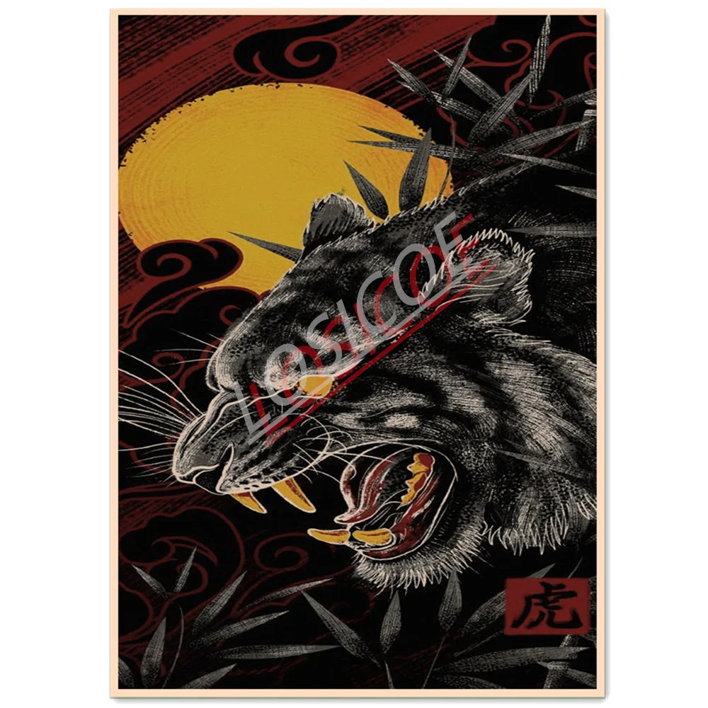 Тигр укиё-е тату искусство на стену Настенная роспись винтажная крафт-бумага