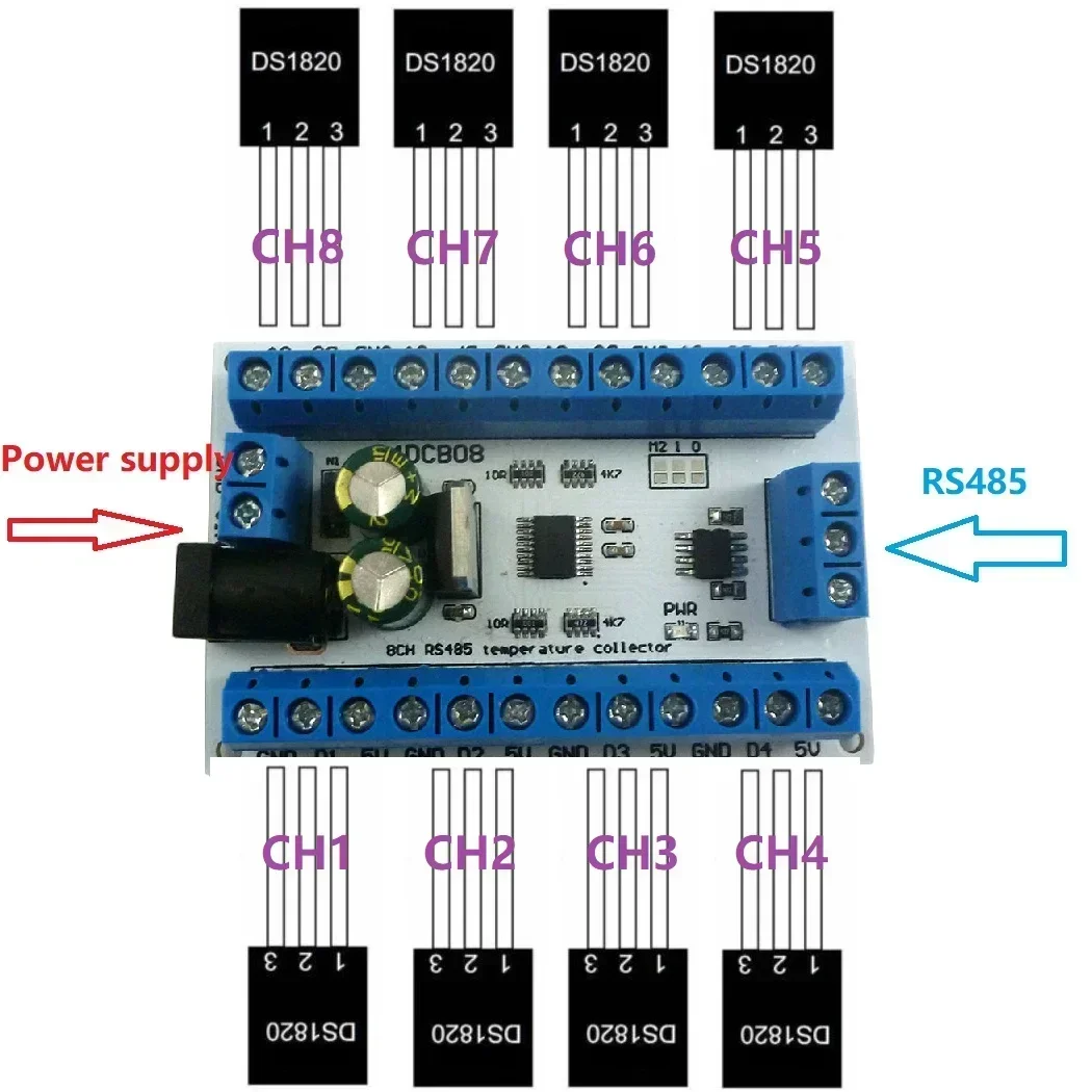 R4DCB08 8-канальный DC 12 В DS18B20 RS485 Датчик температуры Монитор удаленного сбора данных