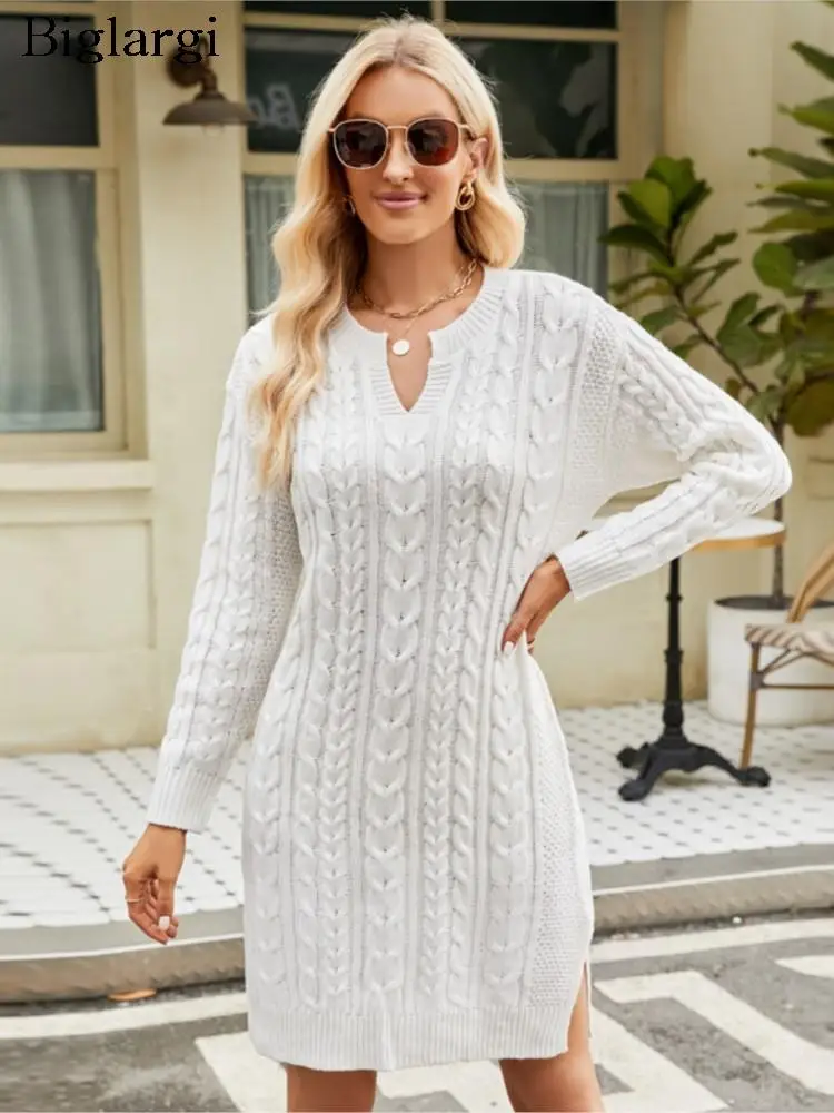 

Осенне-зимнее трикотажное платье миди, Женский пуловер, модные женские платья с разрезом, свободное повседневное женское платье-свитер с длинным рукавом, 2023