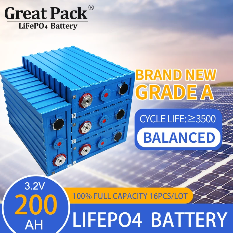 

Rechargeable 16PCS 3.2V 200Ah 100% Full Capacity LiFePO4 Battery Cell Deep Cycle Brand New Grade A Lithium Ion Solar Power Bank