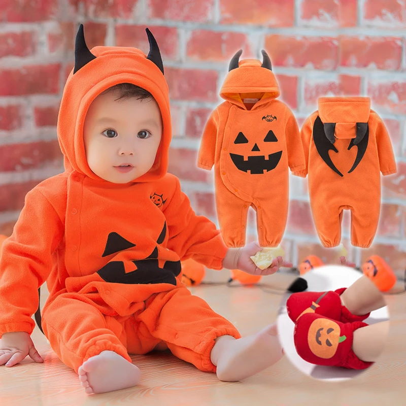 Halloween Baby Costume Hooded Cap Bodysuit Jumpsuit Toddler Pumpkin Romper Devil Cosplay Outfit Newborn Baby Luminous Shoes