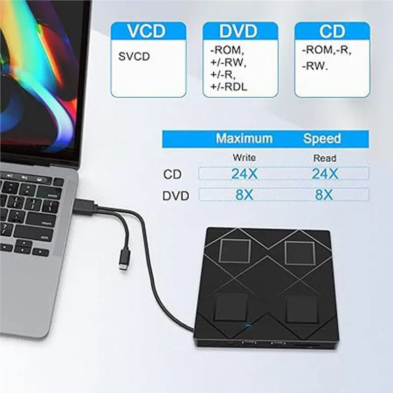 Фото Внешний CD/DVD-привод Y23A 5-в-1 для ноутбука, портативный записывающий привод с функцией чтения карт SD/TF и перезаписывающим DVD-ROM-плеером №5