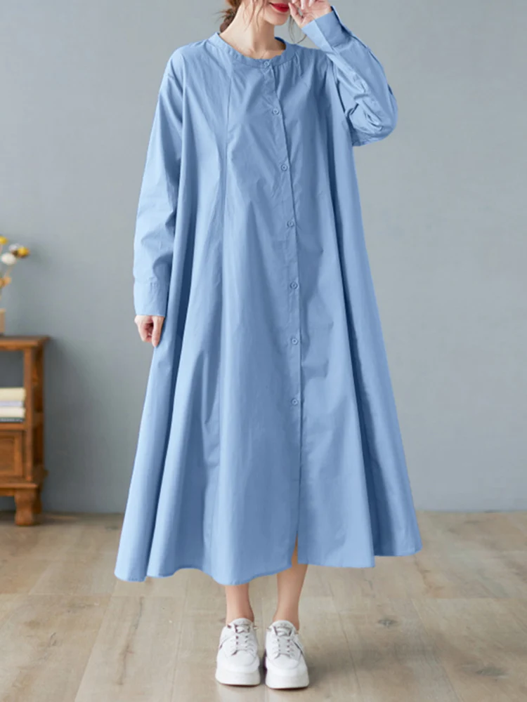 

Casual Solid Long Sleeve Loose A Lined Vestidos O Neck Shirt Dress Oversized Female Robes Femme Kaftan Women Maxi Long Sundress