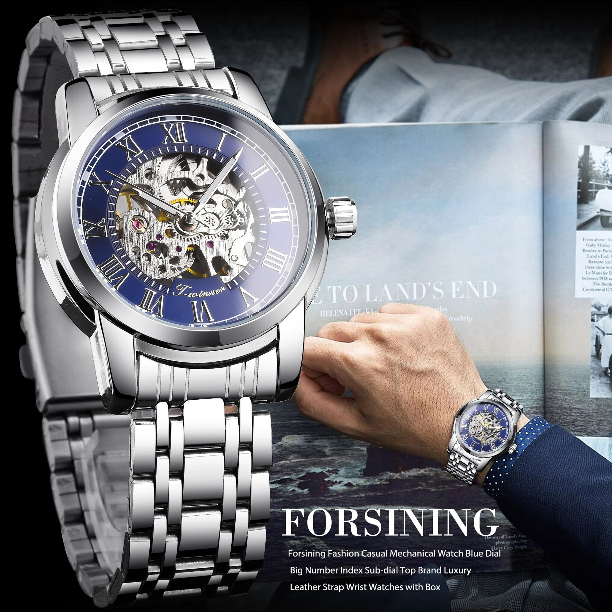 Forsining Fashion Blue Military Hollow Mechanical Stainless Steel Watch Luminous Sport Mens Skeleton Watches Montre Homme Clock