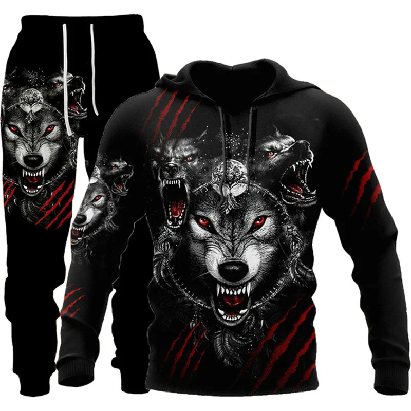 Autumn Winter Casual Sweashirts Forest Wolf 3d Printed Hoodie Suit Male Sweatpants Men Tracksuit Set Fashion Men's s Men's Hoode