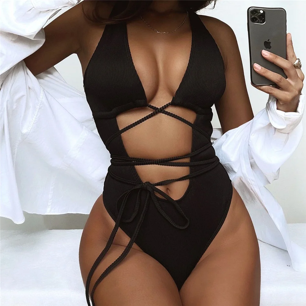

Sexy Black Ribbed Swimwear Women One Piece Swimsuits 2022 New String Tie Up Cut Out Monokini High Cut Bathing Suit Swimming Suit