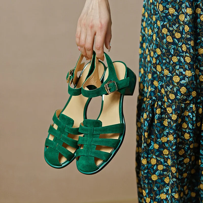 

LeShion Of Chanmeb High Quality Womens Kid Sheep Suede Sandals Retro Roman Style Green Nude Medium Heels Sandals Female Handmade