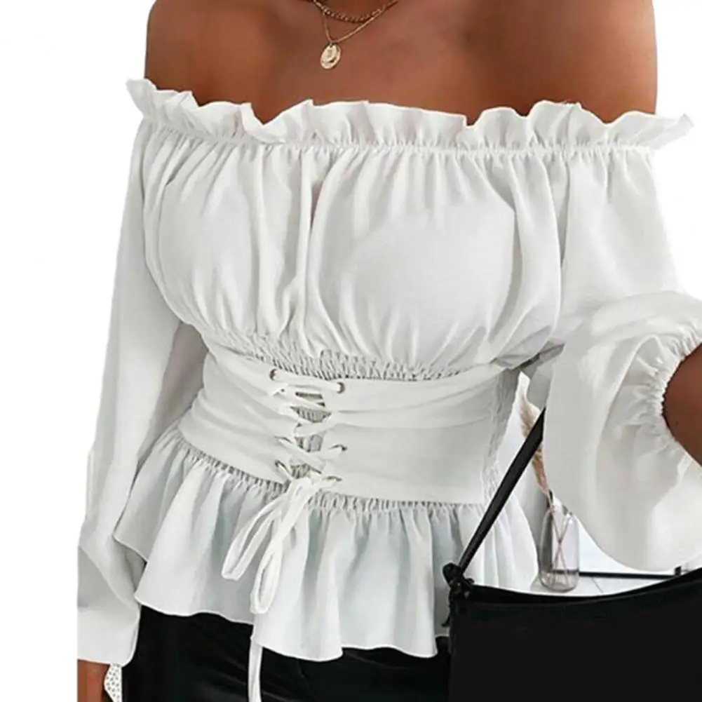 

Women Fall Shirt Shoulderless Shirring Ruffle Backless Women Lace Up Top Long Lantern Sleeves Blouse Collarless Lady Spring Top