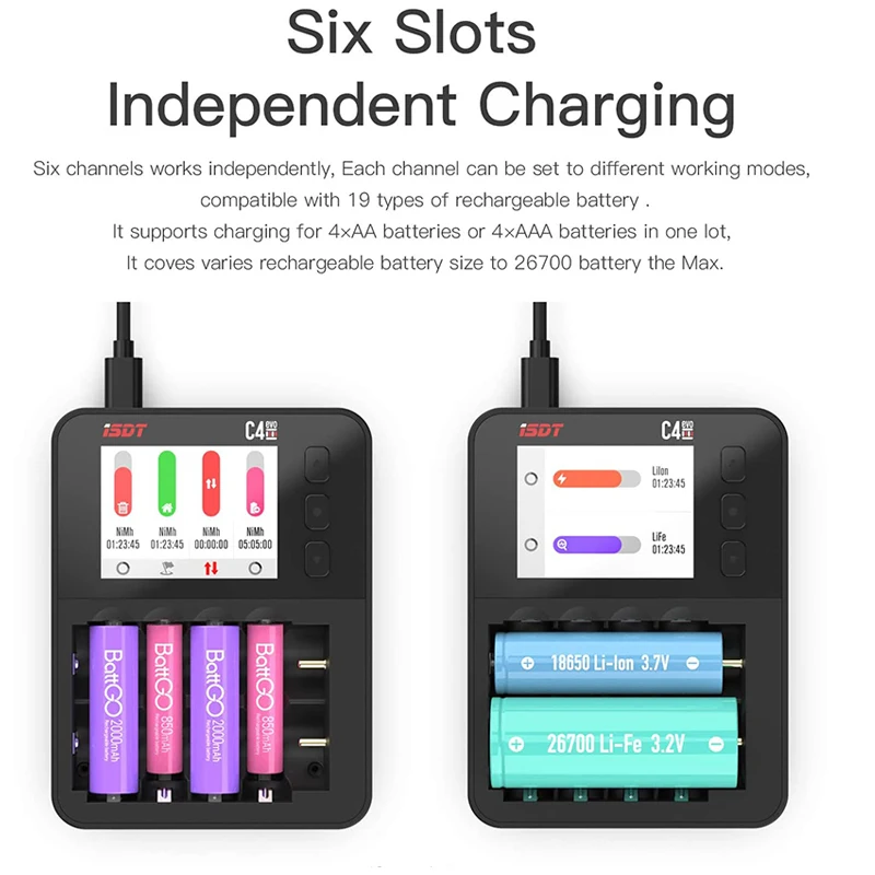 

Умное зарядное устройство ISDT C4 EVO, выход Type-C QC3.0 для литий-ионных батарей AA, AAA, экран IPS с защитой от пожара