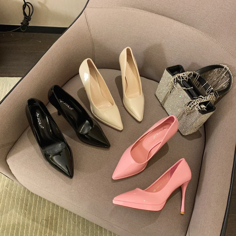 

Woman Sexy High Heels Shoes Work Dress Professional Patent Leather Lace-Up Shallow Mouth Basketball Platform Slip On Brief Pumps