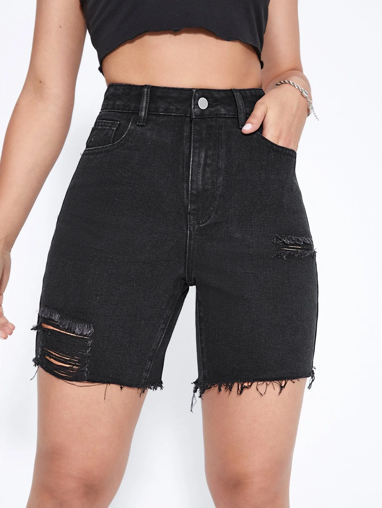 

High Waist Ripped Raw Hem Denim Shorts