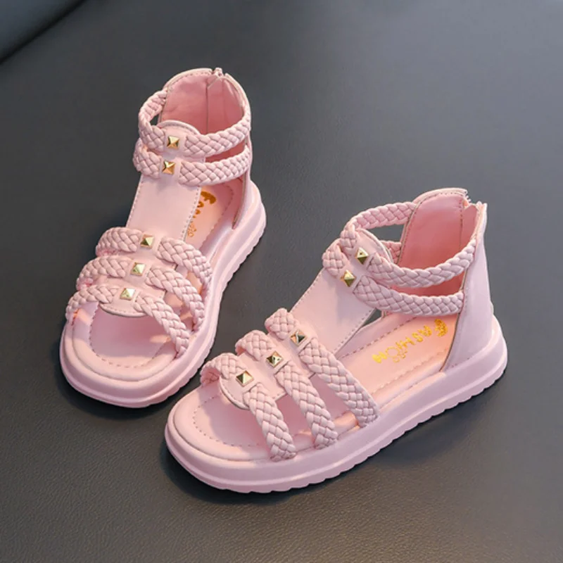 

Gril Cool Boot Summer Sandals for Girl 2023New Versatile Solid Color PU Soft Non-slip Flat Casual Weave Roman Shoes for Princess