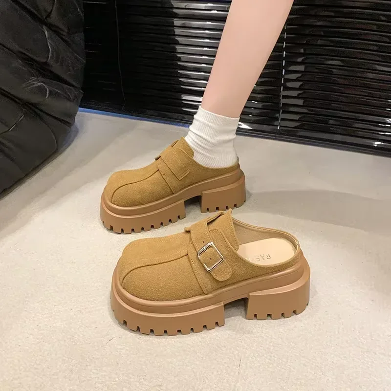 Зимние современные тапочки из коровьей замши на высоком каблуке женская обувь